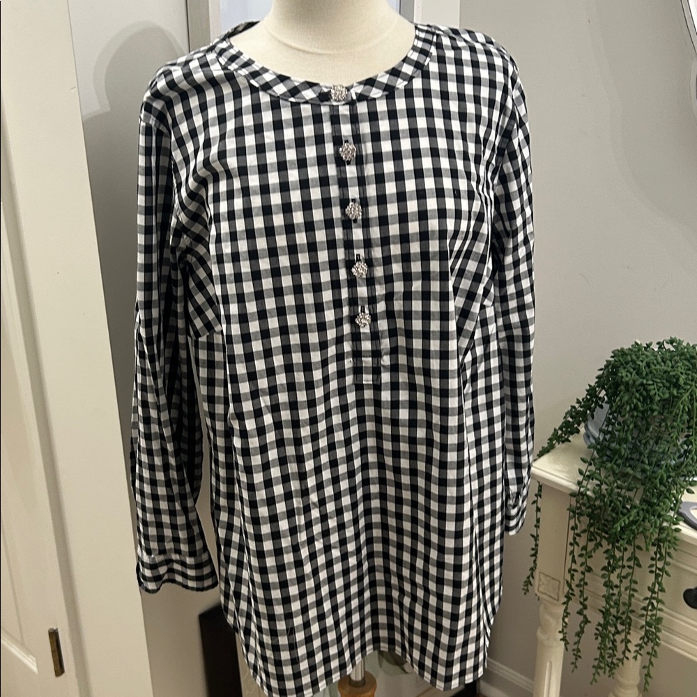 Talbots SZ 3XP festive Black and White Check Top with jeweled diamond buttons